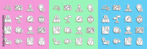 Set line Folded map with location marker, Gps device, Monitor, Road traffic sign, Toll road and Push pin icon. Vector