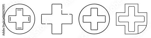 Four black and white variations of a plus symbol logo design