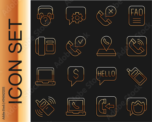 Set line Speech bubble chat, Mobile phone, Telephone handset, Declined or missed call, Headphones with question and Call center location icon. Vector