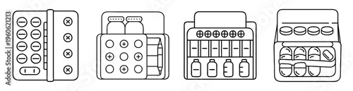Variety of medical pills and capsules displayed in different containers outlines