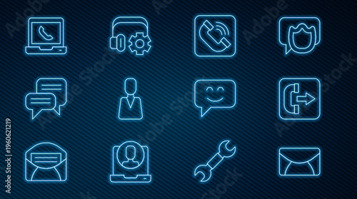 Set line Mail and e-mail, Outgoing call phone, Telephone handset, Employee, Speech bubble chat, 24 hours support, Smile face and Headphoneswith settings icon. Vector