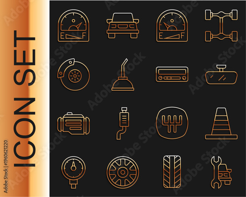 Set line Car service, Traffic cone, mirror, Motor gas gauge, Canister for motor machine oil, brake disk with caliper, and audio icon. Vector