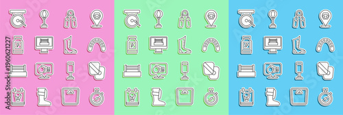 Set line Stopwatch, Boxing training paws, Mouth guard boxer, Sport expander, ring, Energy drink, gong and boxing shoes icon. Vector