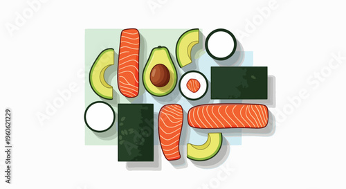 Flat lay composition of assorted sushi ingredients including avocado, salmon sashimi, and seaweed on a light green background.