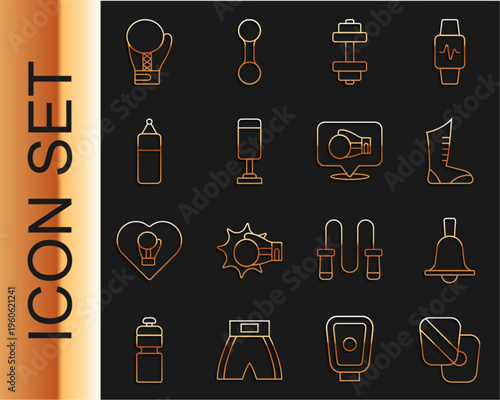 Set line Boxing training paws, bell, Sport boxing shoes, Dumbbell, Punching bag, glove and icon. Vector