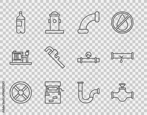 Set line Industry valve, pipe and, metallic, Well, Bottle of water, Pipe adjustable wrench, and Broken with leaking icon. Vector