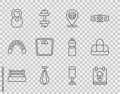 Set line Boxing ring, glove, helmet, Punching bag, Weight, Bathroom scales, and Sport icon. Vector