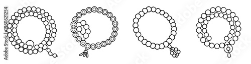 Four designs of beaded necklaces or rosaries made of round objects