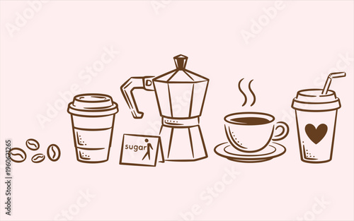 Coffee themed line with moka pot cup and beans espresso