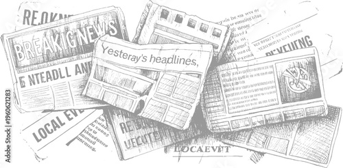 Pile of grey sketched newspapers with headlines like breaking news and yesterdays headlines print media