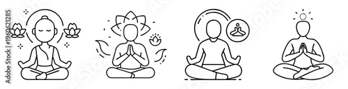 Four line drawing representations of people in the lotus position meditating