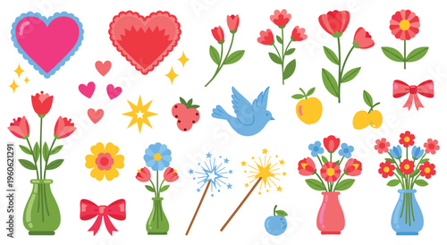 Spring and celebration elements with flowers, fruits and hearts