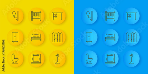 Set line Toilet bowl, Wardrobe, Big bed, Coat stand, Garden fence wooden, Wall sconce, Office desk and Baby crib cradle icon. Vector