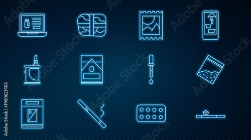 Set line Opium pipe, Plastic bag of drug, LSD acid mark, Cigarettes pack box, Electronic cigarette, Buying drugs online laptop, Pipette and Package with cocaine icon. Vector