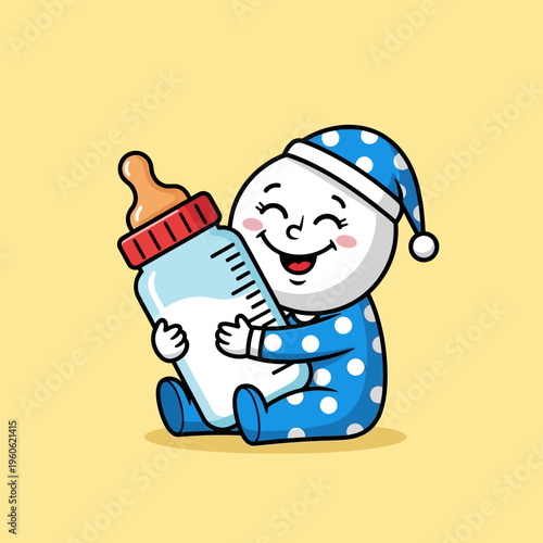Cute baby character in pajamas hugging a milk bottle, happy and sleepy