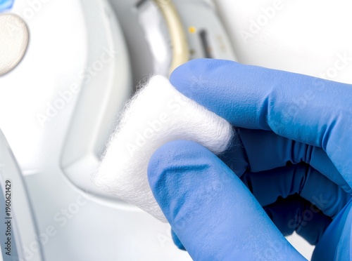 Doctor's hand in blue nitrile glove holding a sterile cotton pad.