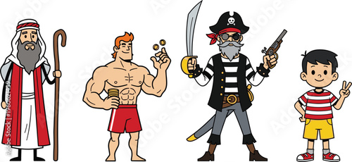 Cartoon Character Set Featuring Pirate, Strongman, Shepherd, and Kid with Fun Poses for Adventure, Fantasy, and Children’s Themes