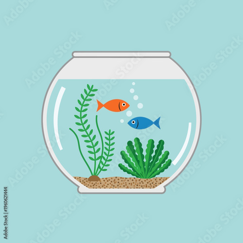 Cute cartoon fish swimming in a round aquarium with green plants and bubbles