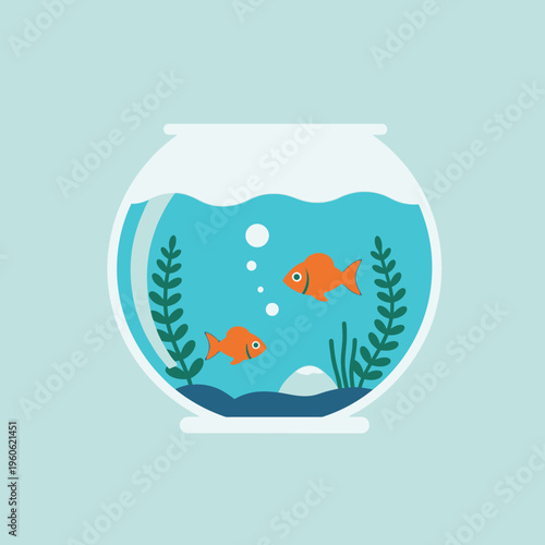 Two orange goldfish swimming in a round fishbowl with green aquatic plants and bubbles