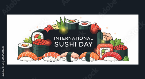 Graphic illustration of various sushi pieces arranged around a banner celebrating International Sushi Day on a white background with a flat design and vibrant colors.
