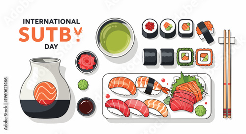 Flat lay illustration of sushi dishes with soy sauce, wasabi, and chopsticks on a white background, celebrating International Sushi Day with vibrant colors and playful design elements.
