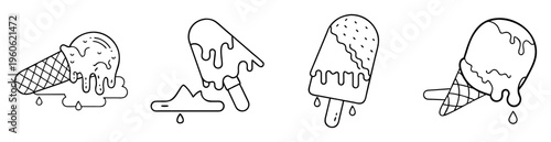Black and white line art illustration of various melting ice cream treats