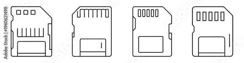 Outline illustration of four memory cards, showing different connection designs