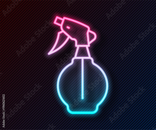 Glowing neon line Water spray bottle icon isolated on black background. Sprinkler for ironing. Vector