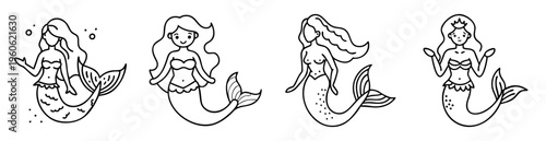 Four cartoon mermaids with various hairstyles and tail designs in black lines