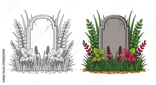 Tombstone Memorial In Garden With Flowers and Grass