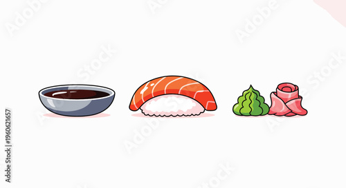 A flat lay composition of sushi and soy sauce on a white background with wasabi and pickled ginger.