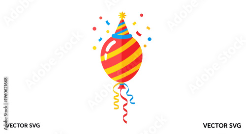 Birthday Party Balloon with Confetti and Party Hat