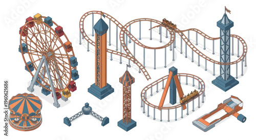 Amusement Park Rides and Attractions on White Background, Isometric View