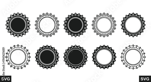 Collection of black and white beer bottle caps, circular retro design, vector illustration
