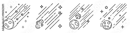 Four variations of comet and meteor designs with stars and cosmic debris