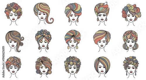 Diverse Hairstyles Collection: Beautiful Women's Portraits with Colorful, Intricate Hair Designs
