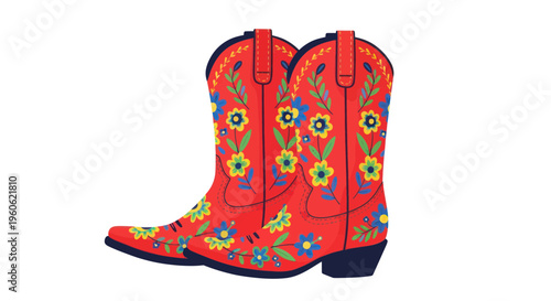 Red Floral Embroidered Cowboy Boots, Western Style Fashion