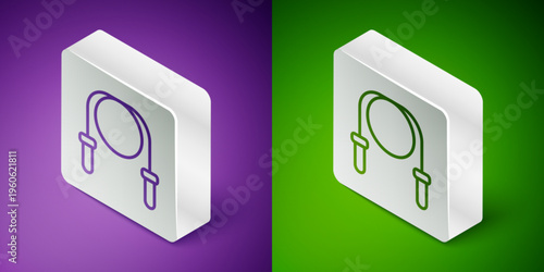Isometric line Jump rope icon isolated on purple and green background. Skipping rope. Sport equipment. Silver square button. Vector