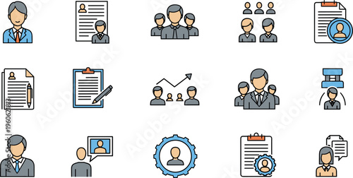 HR management and recruitment icons set with employee profiles resumes team hierarchy and hiring process vector illustration collection
