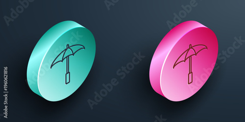 Isometric line Sun protective umbrella for beach icon isolated on black background. Large parasol for outdoor space. Beach umbrella. Turquoise and pink circle button. Vector