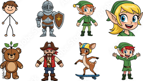Cartoon Character Set Featuring Stick Figure, Knight, Pirate, Elf, Teddy Bear, and Skateboarding Deer for Fantasy and Children’s Themes