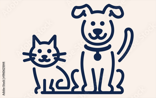 Dark blue line of a sitting cat and dog on a light beige background
