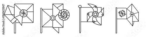 Diverse collection of four unique pinwheel drawings in an outlined monochrome style
