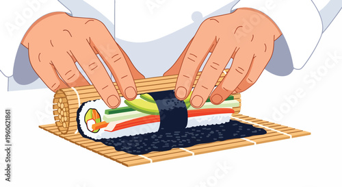 A person skillfully assembling sushi on a bamboo sushi mat with a clean white background, showcasing a traditional Japanese culinary process.