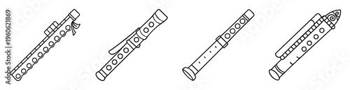 Line art illustration of four different types of flutes in a row