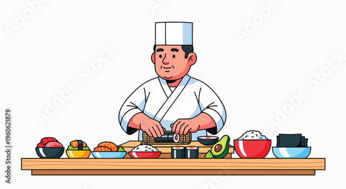 A cheerful sushi chef preparing various sushi rolls and sashimi on a wooden counter with a variety of ingredients and dishes in a clean white background.