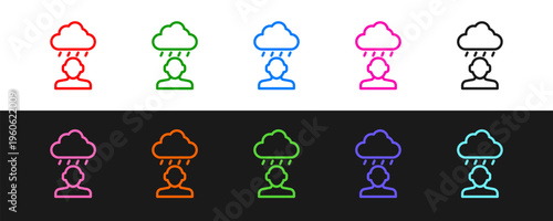 Set line Depression and frustration icon isolated on black and white background. Man in depressive state of mind. Mental health problems. Vector