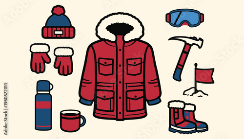 Winter expedition gear and mountain climbing apparel illustration