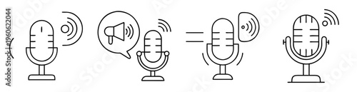 Four different microphones on a white background broadcasting sound waves, message