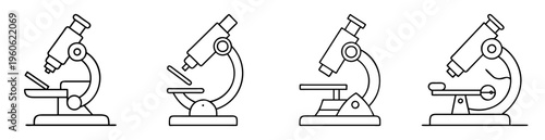 Four different microscope designs in black line art on white background